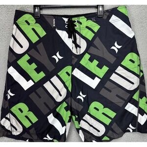 Hurley Swim Trunks Men 38 XL Black Green Graphic Print Swimwear Board Shorts NEW